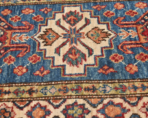 2x3 Blue Kazak Afghan Hand Knotted Wool Area Rug